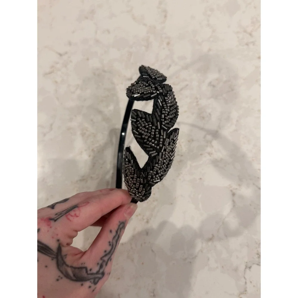 Black Beaded Leaf Headband Gunmetal Seed Bead Statement Hair Accessory Headpiece